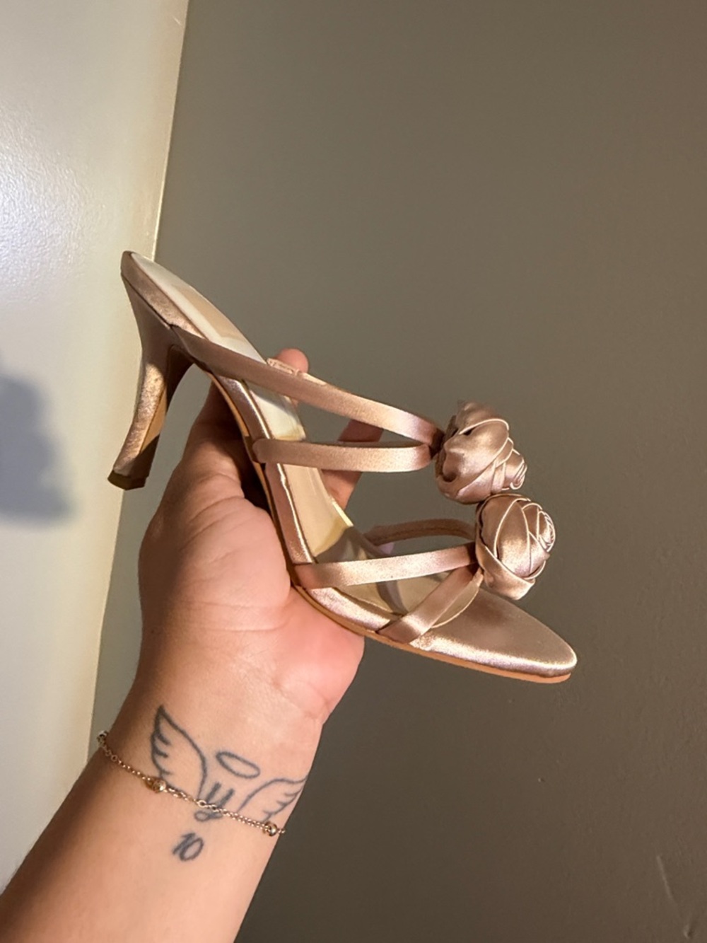 Rosette Slide Mid-Heel Sandal in Rose Gold - Picture 7 of 8